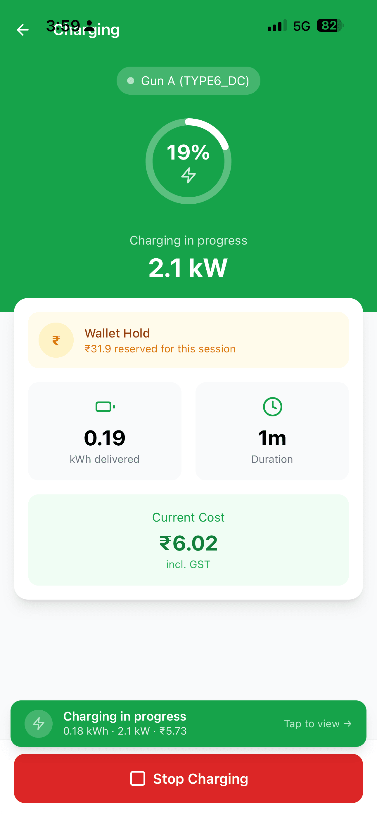 Live charging session — real-time power, energy delivered and running cost