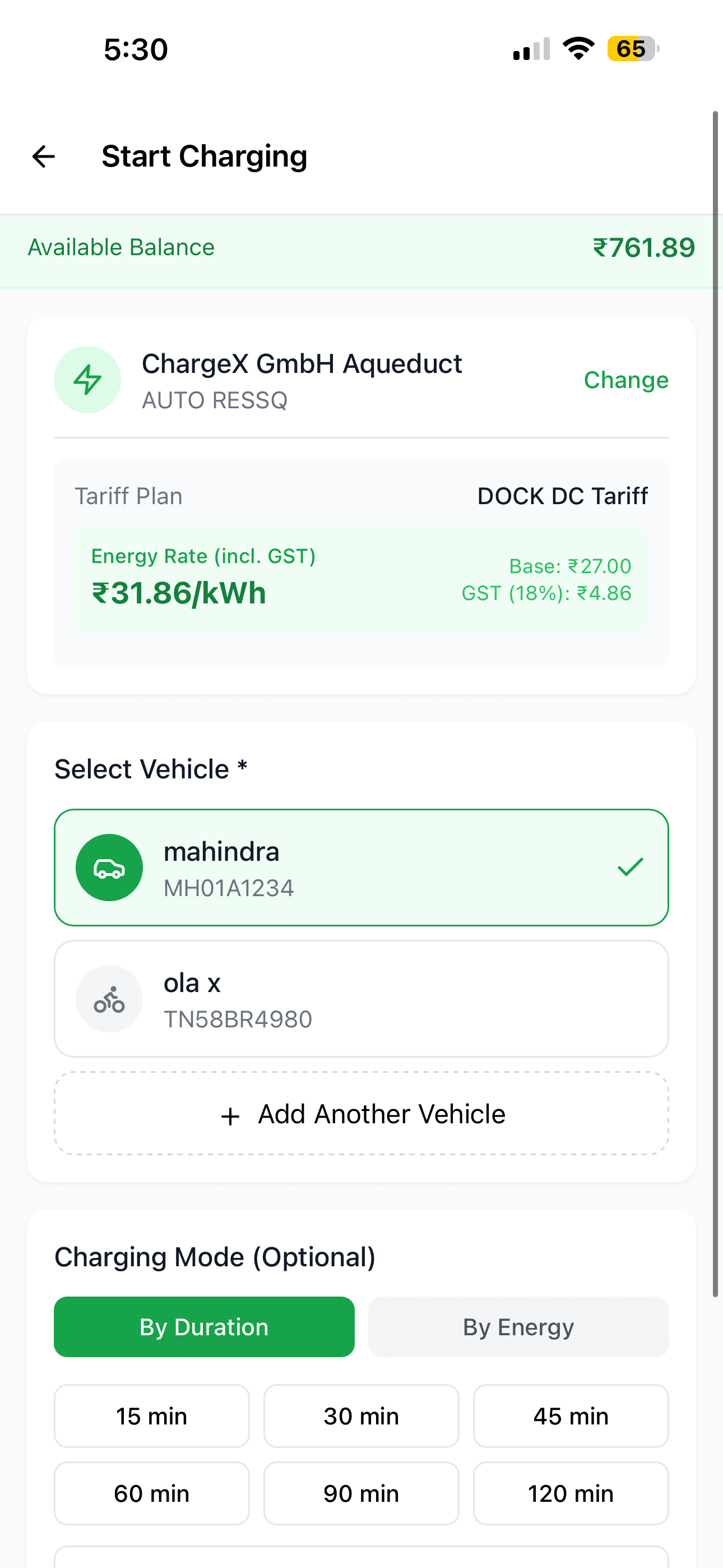 Driver webapp — selecting the vehicle and starting the session