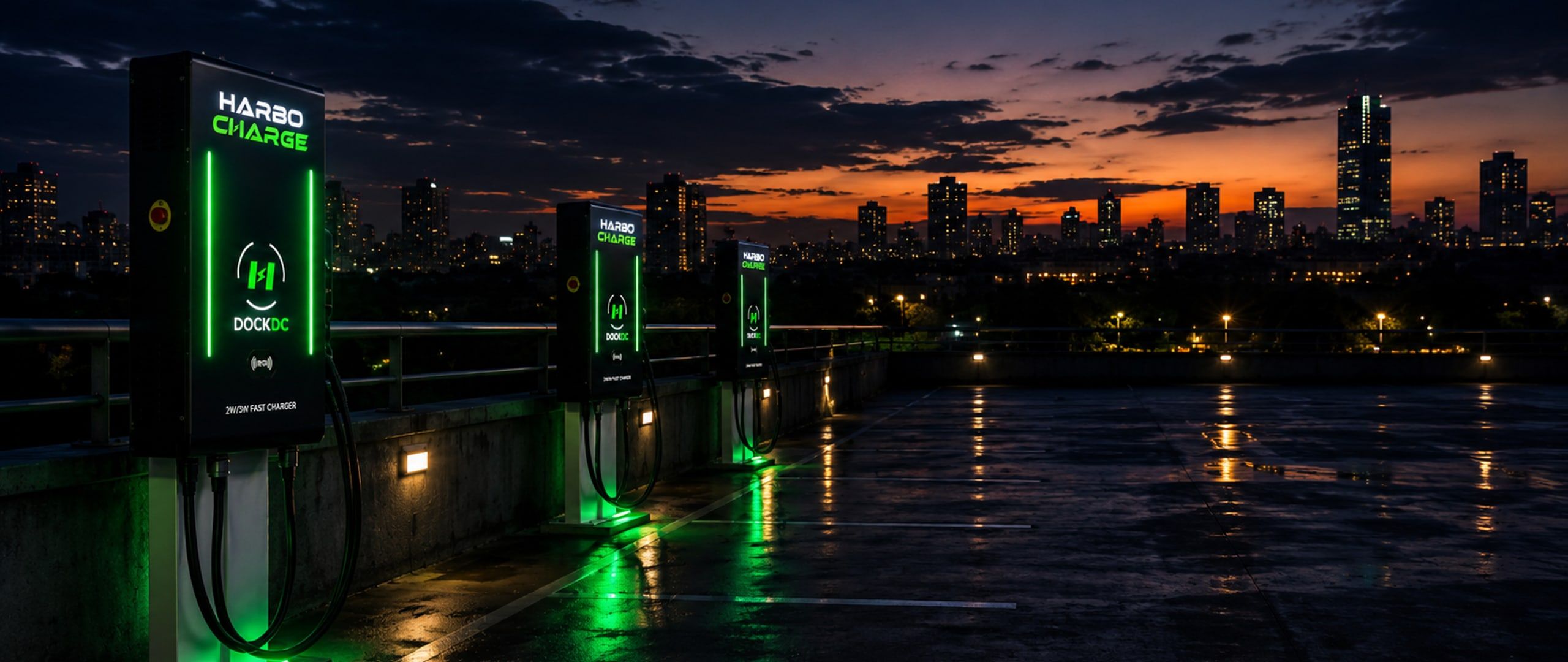 Indian city skyline at deep dusk, points of green light marking EV charging docks along the streets