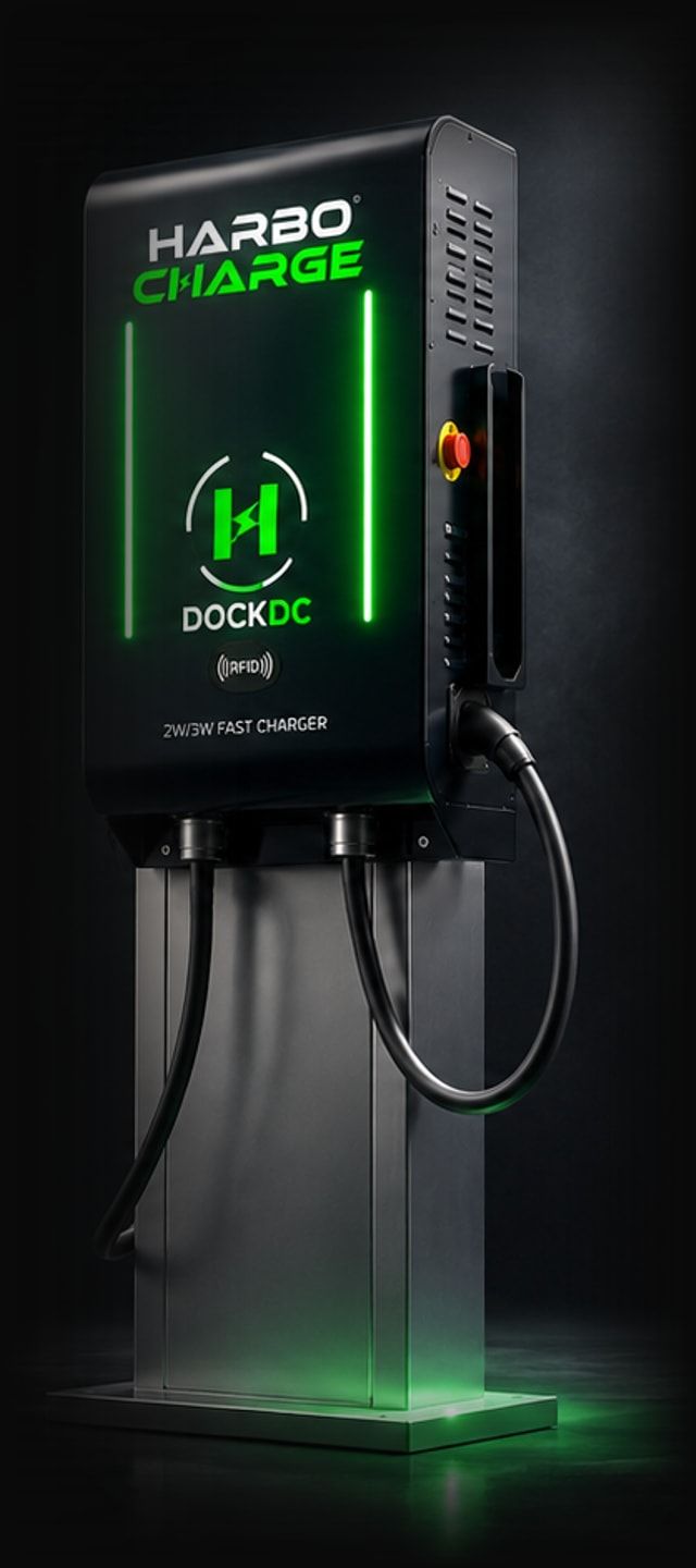 The Harbo Dock DC fast charger photographed in a dark studio