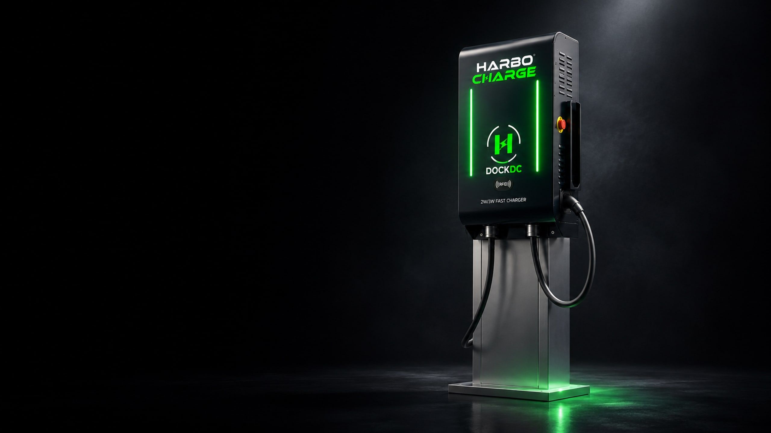 The Harbo Dock DC fast charger photographed in a dark studio