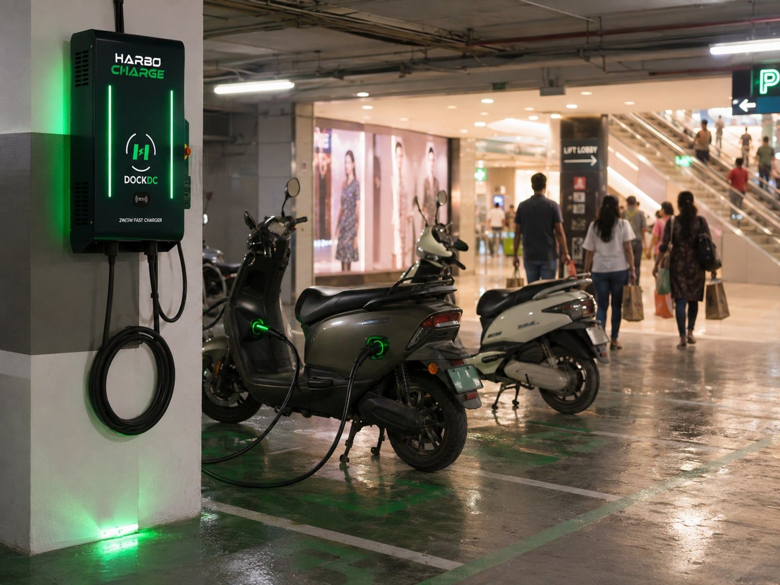 Electric scooters charging at a HarboCharge dock outside a busy shopping mall